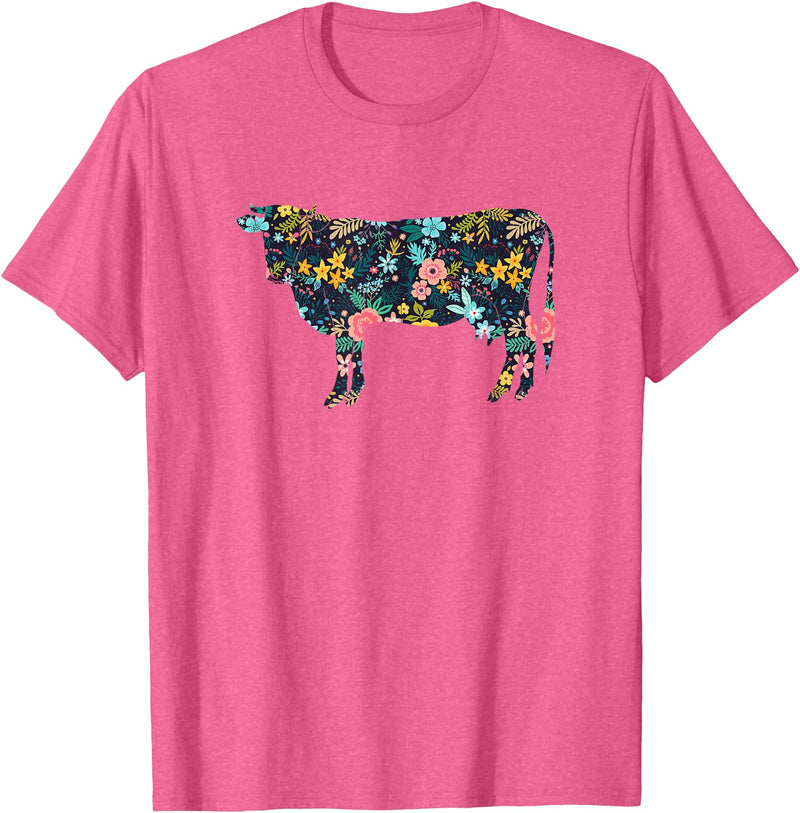 Cow Floral Silhouette Cattle Farm Lover Floral Cow Silhouette Womens Girls Cow Farm Animal T-Shirt - Pink Heather