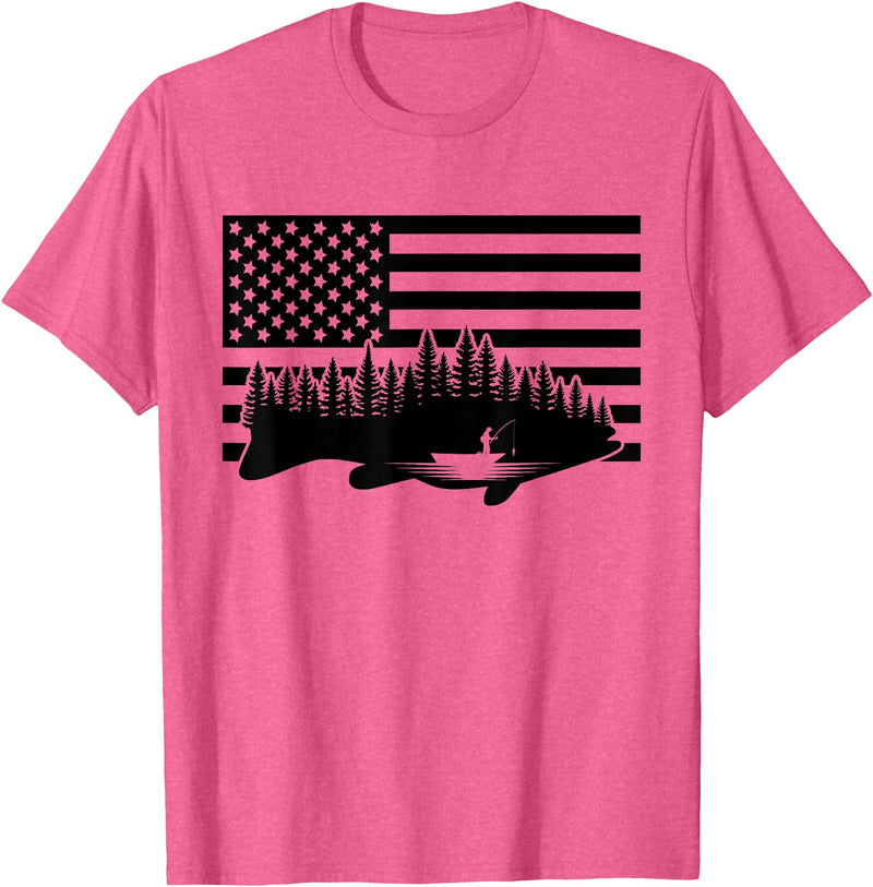 BASBO American Flag Fishing T-Shirt - Grey, Small, Unisex, Short Sleeve, Crew Neck, Classic Fit, Polyester 100%, Imported, Fishing Enthusiasts, Kids - Pink Heather