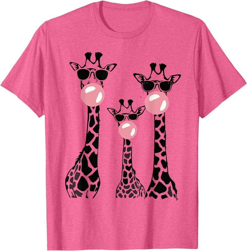 Bubble Safari Graphics Cute Giraffe Trio Blowing Bubble Gum with Sunglasses T-Shirt - Pink Heather