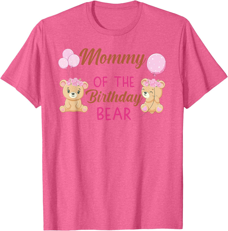 Family Birthday Bear Gifts Mommy of The Birthday for Girl Bear 1st Birthday Party Girl T-Shirt - Pink Heather