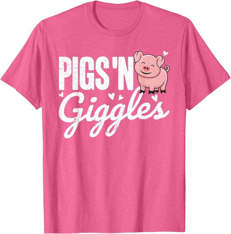 The Cute Pig Farming Apparel Co. Pigs 'n Giggles Funny Farm Pig Farmer Pigs Women Girls T-Shirt - Pink Heather