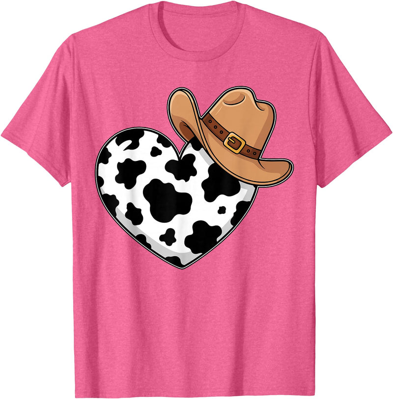 Magical and Funny Western Gifts Western Cow Print Heart Cowboy Cowgirl T-Shirt - Pink Heather