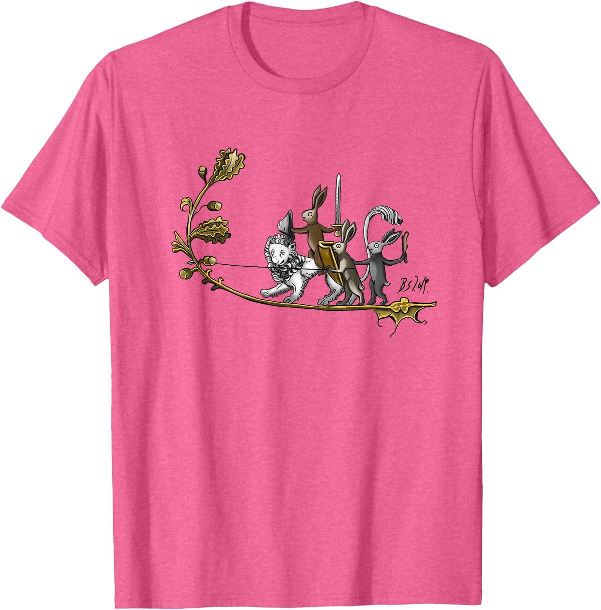 Cute Medieval Rabbits Lover Bunny Graphic T-Shirt in Pink Heather