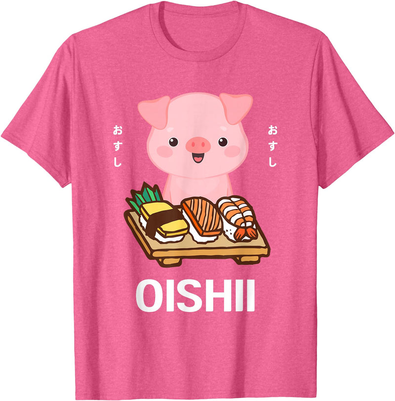 Cute Pig Eats Sushi Japanese Food Lover Cute Kawaii Pig Eats Sushi Japanese Food Lover Otaku T-Shirt - Pink Heather