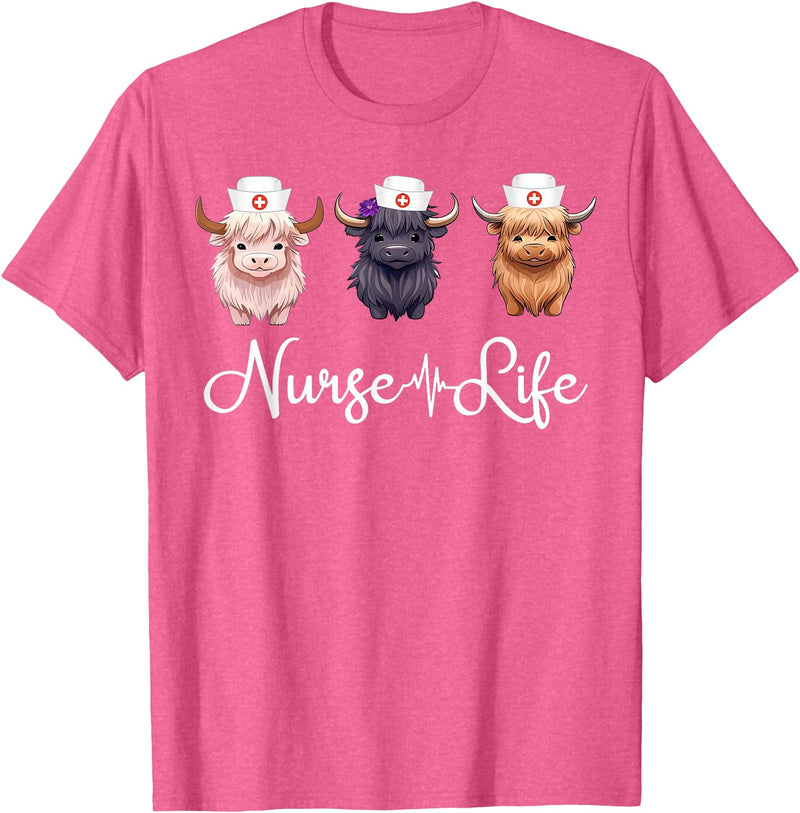 Highland Cow Nurse Life Costume Cute Highland Cow Nurse Life Farm Animal Lover Nursing T-Shirt - Pink Heather