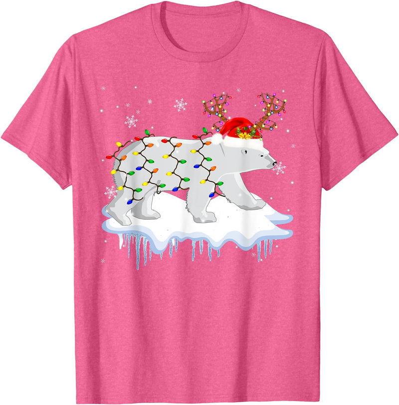 Cute Christmas Lights Santa Reindeer Polar Bear Santa Reindeer Polar Bear Christmas Light Santa Polar Bear T-Shirt - Pink Heather