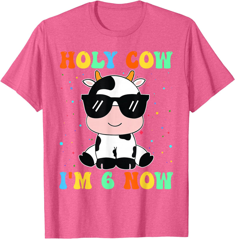 Holy Cow I'm Two 6 6th Birthday Boy Girl Kids Holy Cow I'm Two 6 Years Old 6th Birthday Boy Girl T-Shirt - Pink Heather