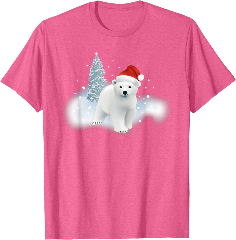 Happy Holiday Season Snow Gifts For Women Cute Christmas Polar Bear Red Santa Hat Lighted Tree Snow T-Shirt - Pink Heather