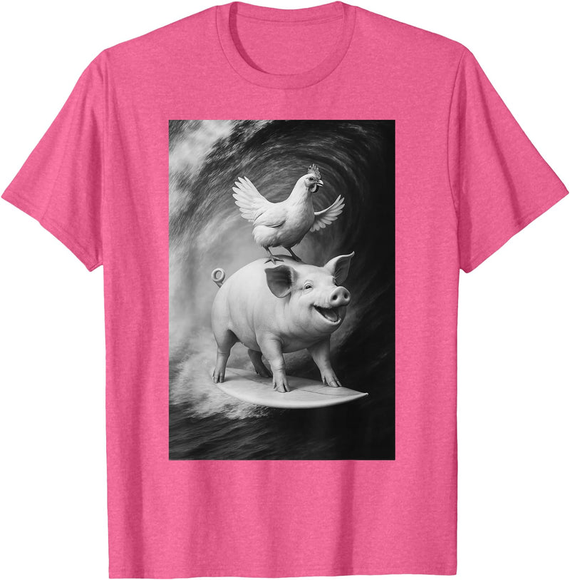 Surf Animal Lovers Funny Pet Summer Waves Vibes. Funny Surfing Pig and Chicken Selfie On Farm Animal T-Shirt - Pink Heather