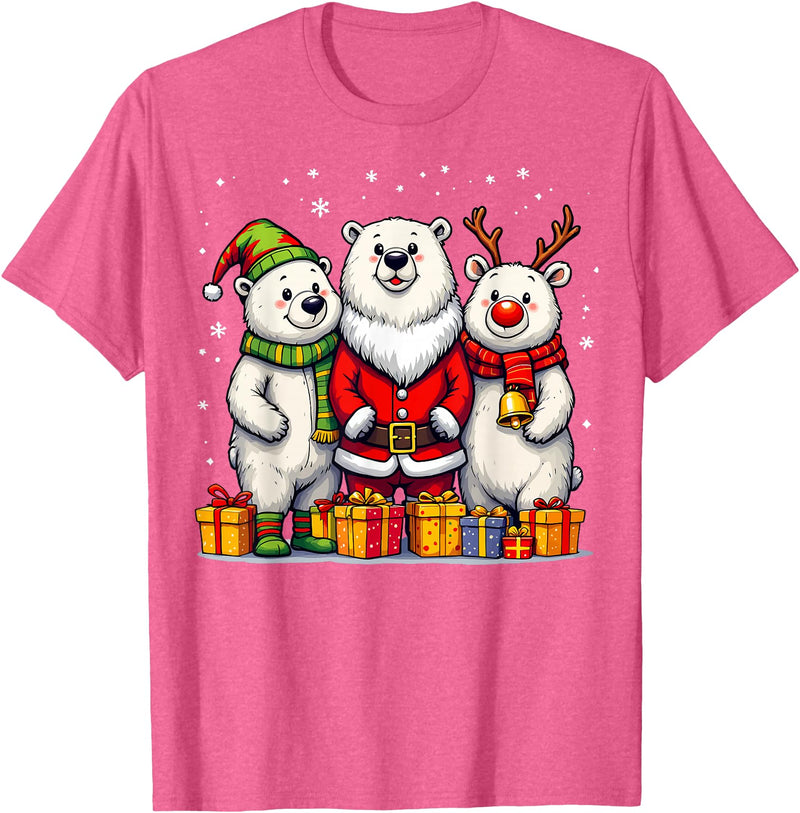 Christmas Polar Bear Santa Elf Reindeer Holiday Cute Christmas Polar Bears in Santa Elf and Reindeer Costume T-Shirt - Pink Heather