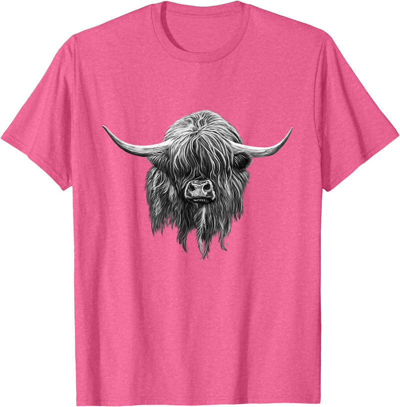 Scottish Highland Cows by brodyquixote Hamish The Scottish Highland Cow Portrait T-Shirt - Pink Heather