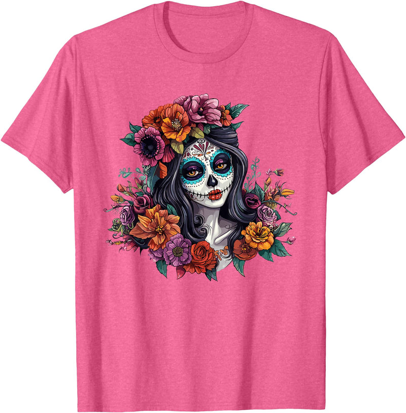 Sugar Skull Dia De Los Muertos Floral Skull Day of The Dead Sugar Skull Woman Floral Crown T-Shirt - Pink Heather