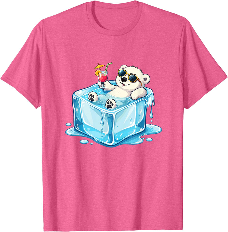 Cool Polar Bear Summer Vibes Chill Ice Cube Lazy Polar Bear in Ice Cube Tropical Cocktail T-Shirt - Pink Heather