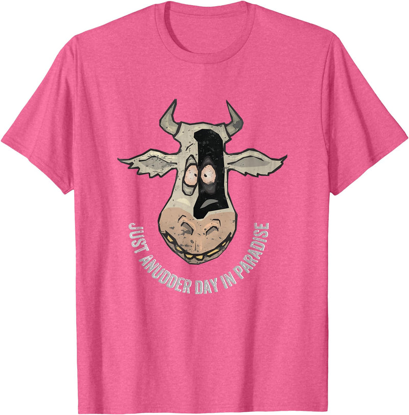 Outstanding in the Field Just Anudder Day in Paradise Funny Cow Farmer Dairy T-Shirt - Pink Heather