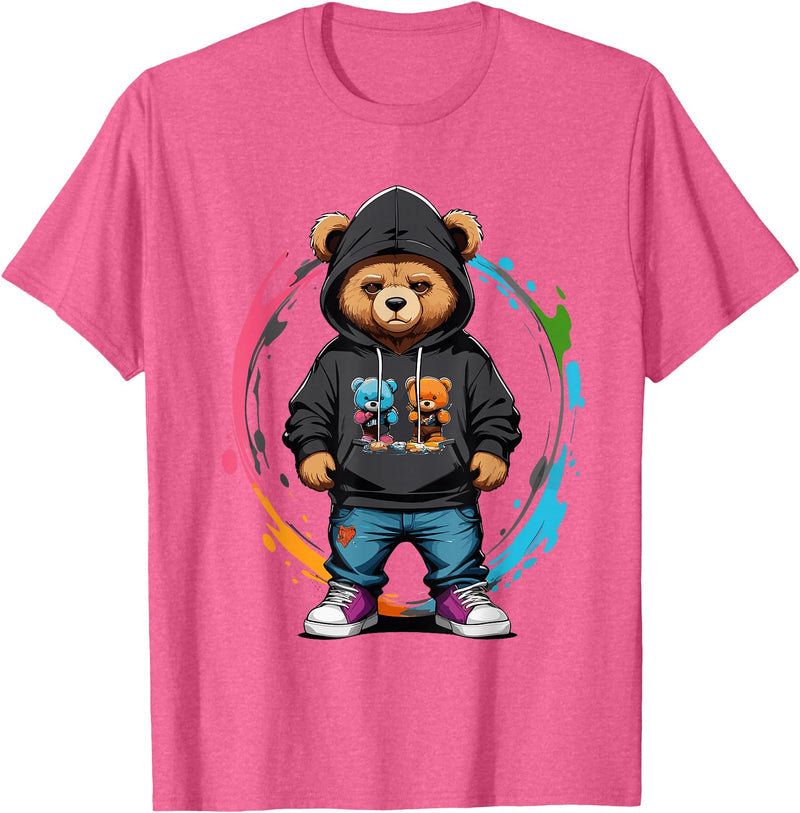 The Big Teddy Bear Crew Teddy Bear Gangster in Hip Hop Street Clothes T-Shirt - Pink Heather