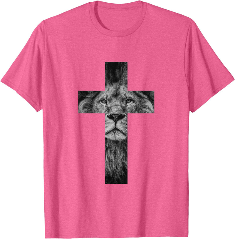 Christian Faith Gift Ideas Lion Cross King Lord Jesus Bible Judah T-Shirt - Pink Heather