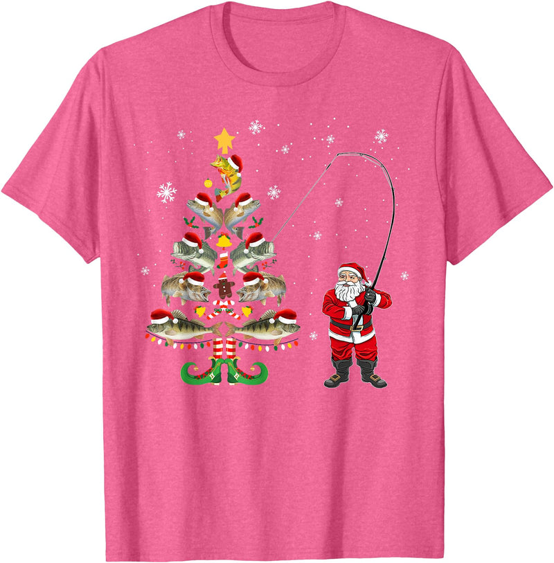 Fishermans Christmas Pajama Gift Tree Lights Merry Fishmas T-Shirt - Pink Heather