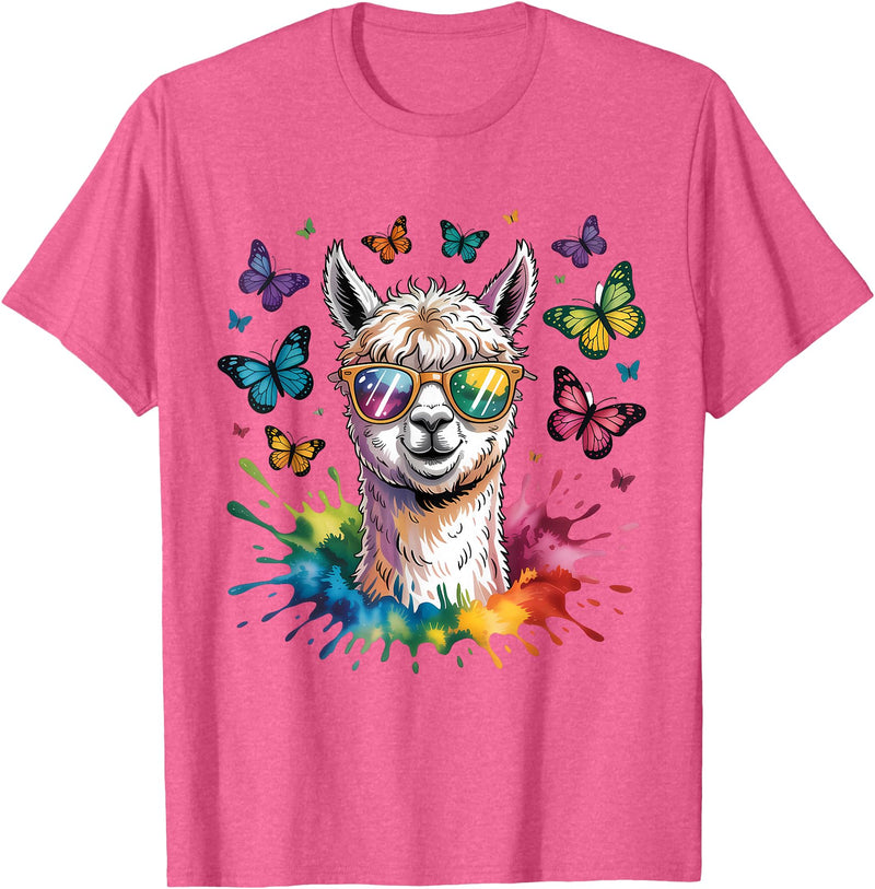 Funny Llama Lover Graphics Cute Llama with Sunglasses Animal Art Graphic Funny Alpaca T-Shirt - Pink Heather