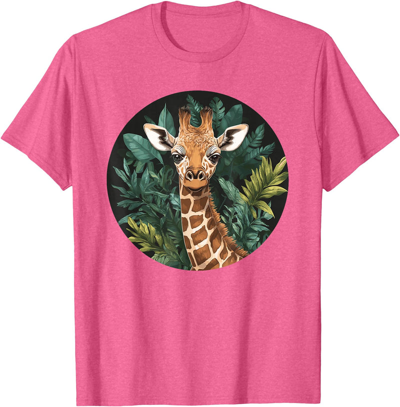 Nature Wildlife Giraffe Safari Jungle Giraffe With Tropical Jungle Leaves T-Shirt - Pink Heather