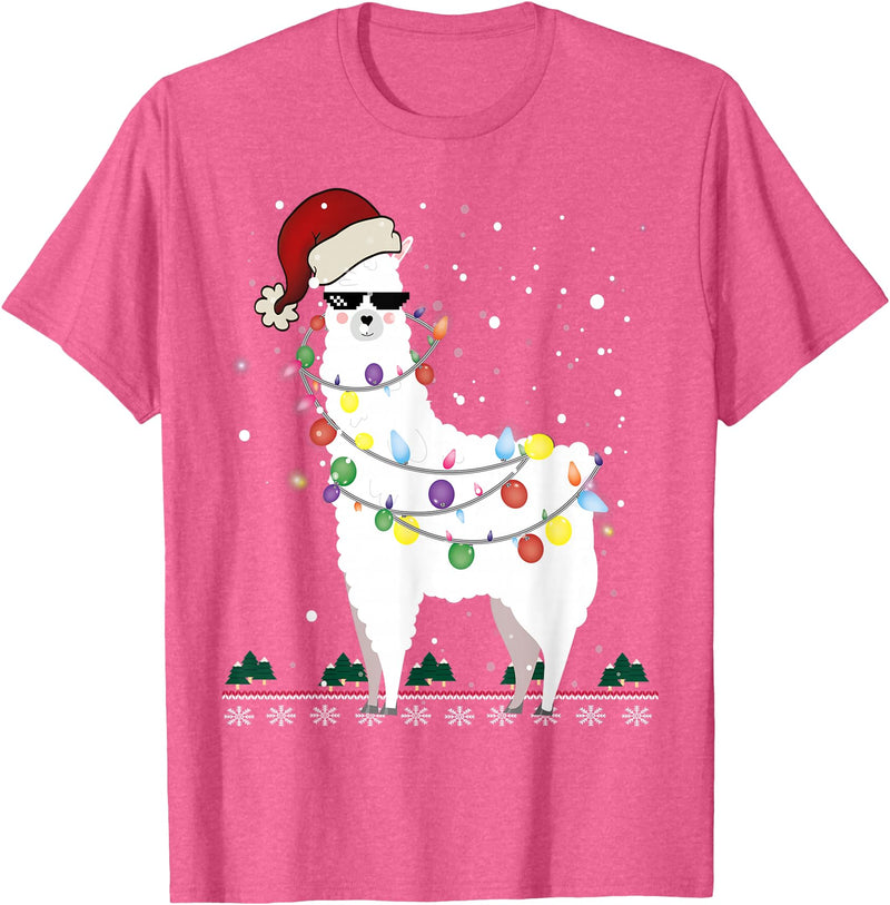 Christmas Llama Santa Hat Ugly Xmas Tee Christmas Llama Santa Hat Ugly Xmas Tree Alpaca Gift T-Shirt - Pink Heather