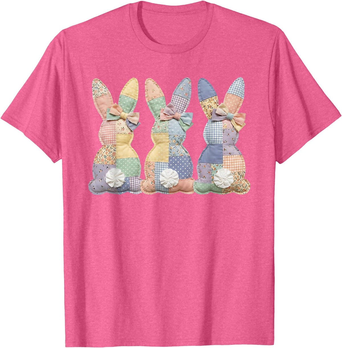 Easter Patchwork Bunny Cute Bunny Rabbit Coquette Lace Bow T-Shirt in Pink Heather
