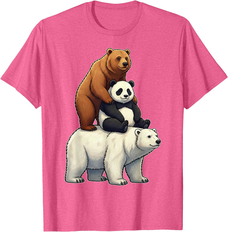 Cute Bear Panda Polar Bear Stack Funny Wildlife Funny Bears Stacked Panda Grizzly Polar Bear Trio Meme Art T-Shirt - Pink Heather