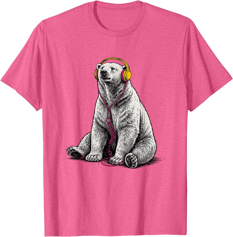 Arctic Wildlife Music Lover Designs Polar Bear Headphones Music Lover Funny Arctic DJ T-Shirt - Pink Heather