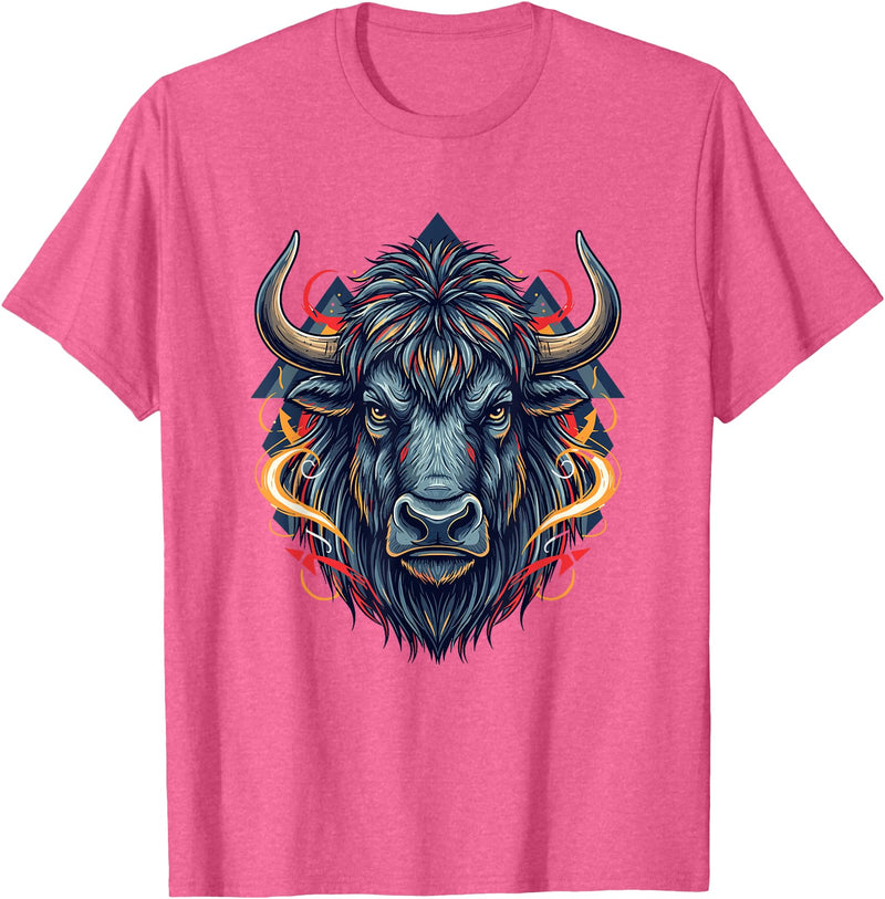 Wild Buffalo Bison Tribal Western Spirit Fierce Wild Bison Head Tribal Geometric Buffalo T-Shirt - Pink Heather