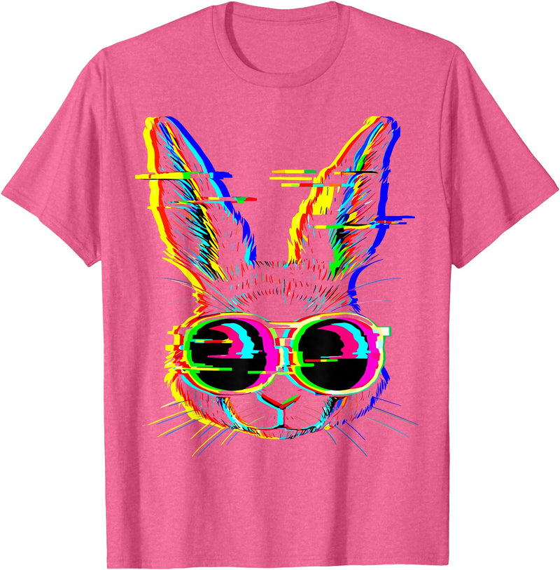 Trippy Rabbit Vibrant Glitch Effects Vaporwave EDM Lover T-Shirt in Pink Heather