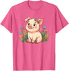 Cute Farm Piglet With Wildflowers Pastel Kawaii Baby Pig Surrounded by Colorful Flowers T-Shirt - Pink Heather
