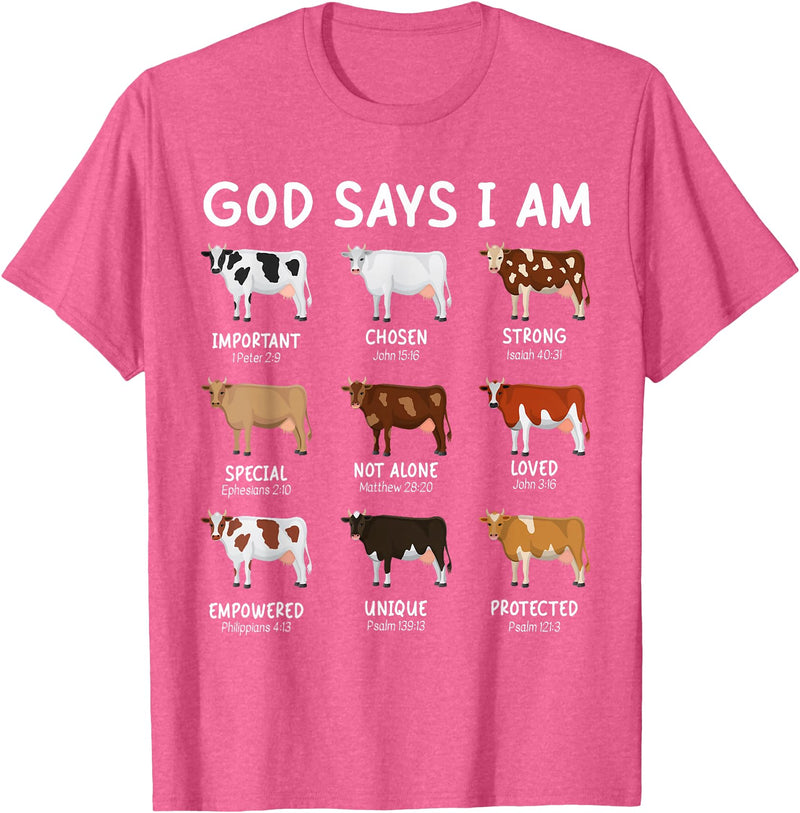 God Says I Am Christian Bible Verse Apparel God Says I Am Cute Heifer Cow Bible Verse Christian T-Shirt - Pink Heather