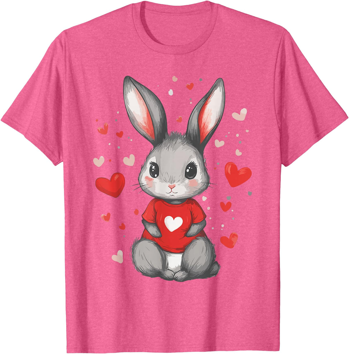 Rabbit Lover Heart Girls Valentine’s Day Women Bunny T-Shirt in Pink Heather
