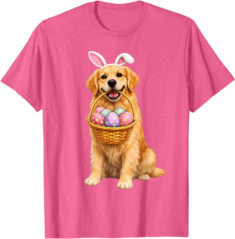 Golden Retriever Bunny Ears Eggs Cute Easter Dogs T-Shirt in Pink Heather