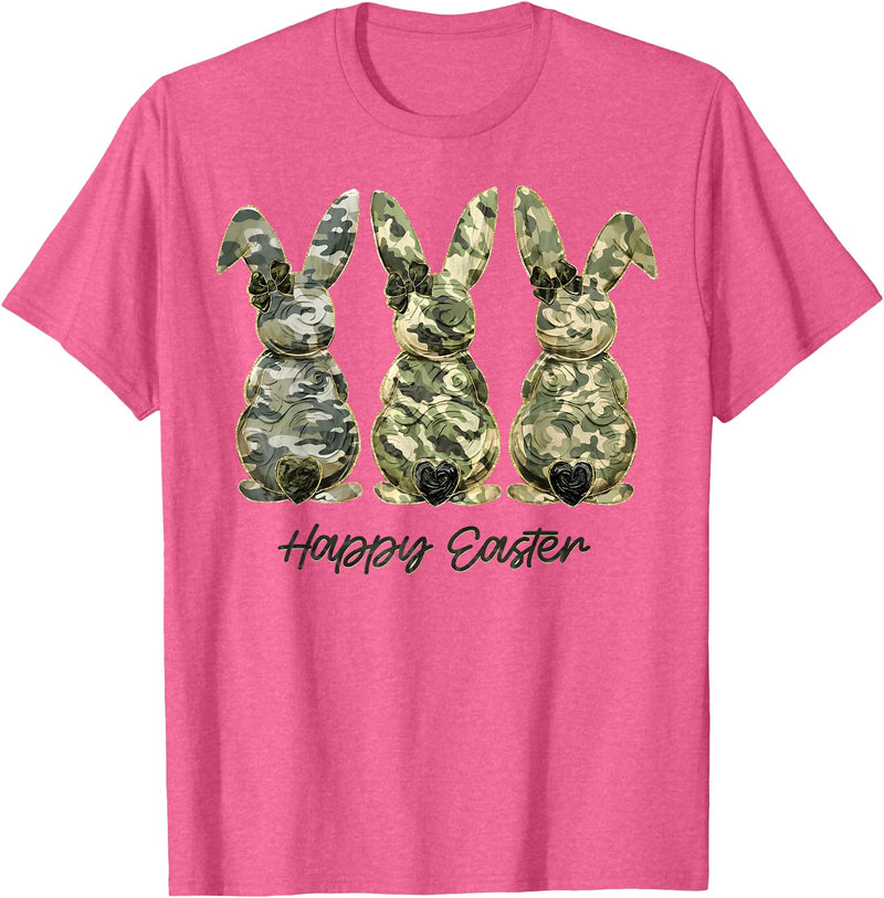 Happy Easter Camo Bunny Rabbit Coquette Bow Hunting Lover T-Shirt in Pink Heather