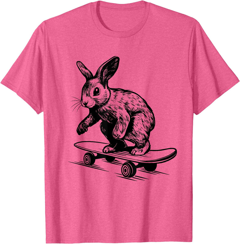 Rabbit Lover Bunny on Skateboard Easter Rabbit T-Shirt in Pink Heather
