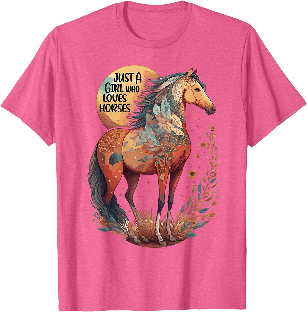 Just a girl who loves horses Co. Just a Girl who Loves Horses - Bohemian Horse Lover Themed T-Shirt - Pink Heather
