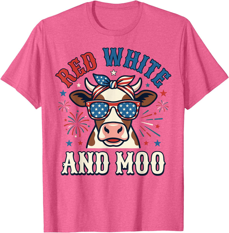 Patriotic Farm Cow Independence Day Red White and Moo Patriotic USA Flag Cow 4th of July T-Shirt - Pink Heather