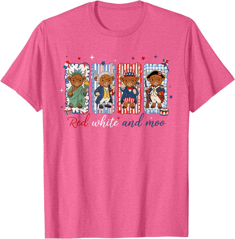 Red White Moo Patriotic Highland Cow Red White and Moo Highland Cow USA 4th of July 250th Years T-Shirt - Pink Heather