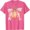 Coquette Halloween Tees NYC Coquette Autumn Pumpkin Pink Bow Girly Halloween Fall Women T-Shirt - Pink Heather