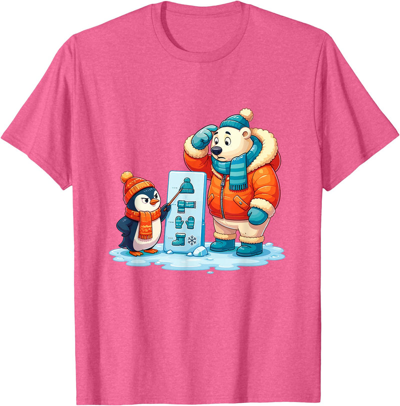 Cute Winter Penguin Polar Bear Humor Funny Penguin Teaching Polar Bear Winter T-Shirt - Pink Heather