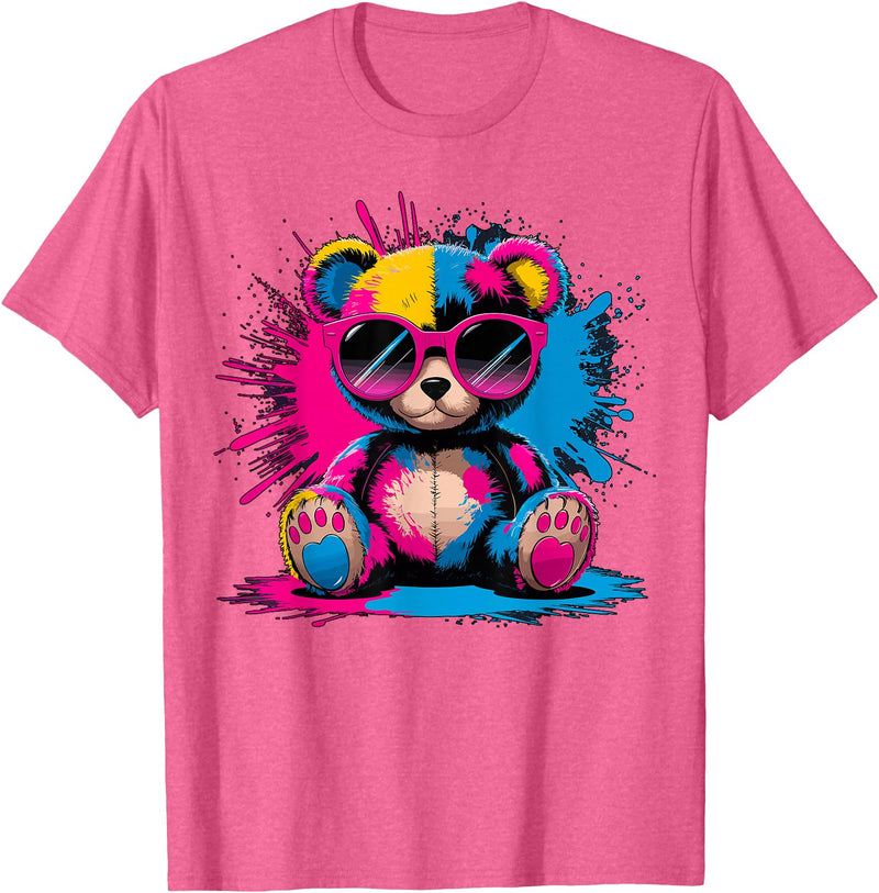 Magical and Funny Bear lover Gifts Colorful Teddy Bear with Sunglasses T-Shirt - Pink Heather