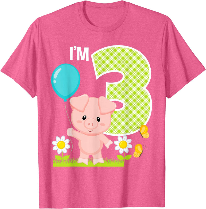 Cute Piglets Pig Barn Farm Birthday Party Supplies Pig 3rd Birthday Toddler 3 Year Old Birthday Boy Piglet Bday T-Shirt - Pink Heather