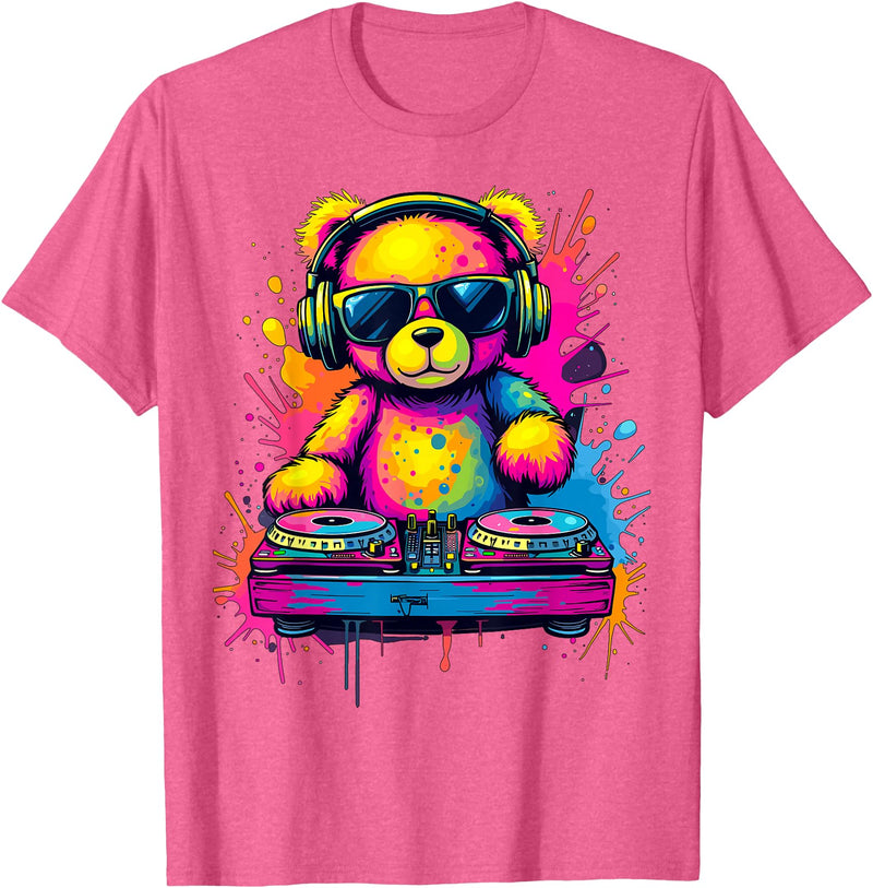 Magical and Funny DJ Gifts Colorful DJ Teddy Bear T-Shirt, Unisex-Kids, Black, Small, Long Sleeve, Classic Fit, Polyester 100% - Pink Heather