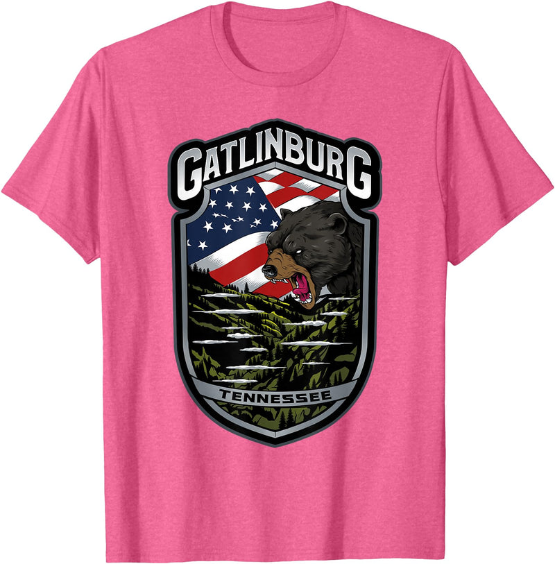 Great Smoky Mountains National Park Souvenirs Gatlinburg Tennessee Souvenirs Bears Gifts TN American Flag T-Shirt - Pink Heather