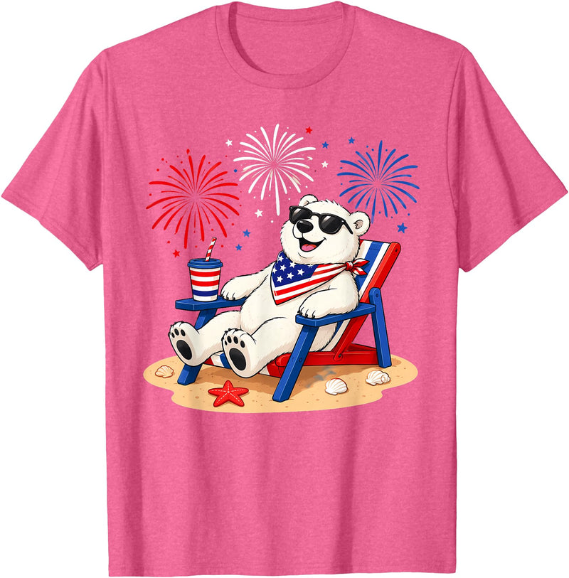 Polar Bear Patriotic Happy Beach Paws Co 4th of July Polar Bear Happy Beach Patriotic Animal Lovers T-Shirt - Pink Heather
