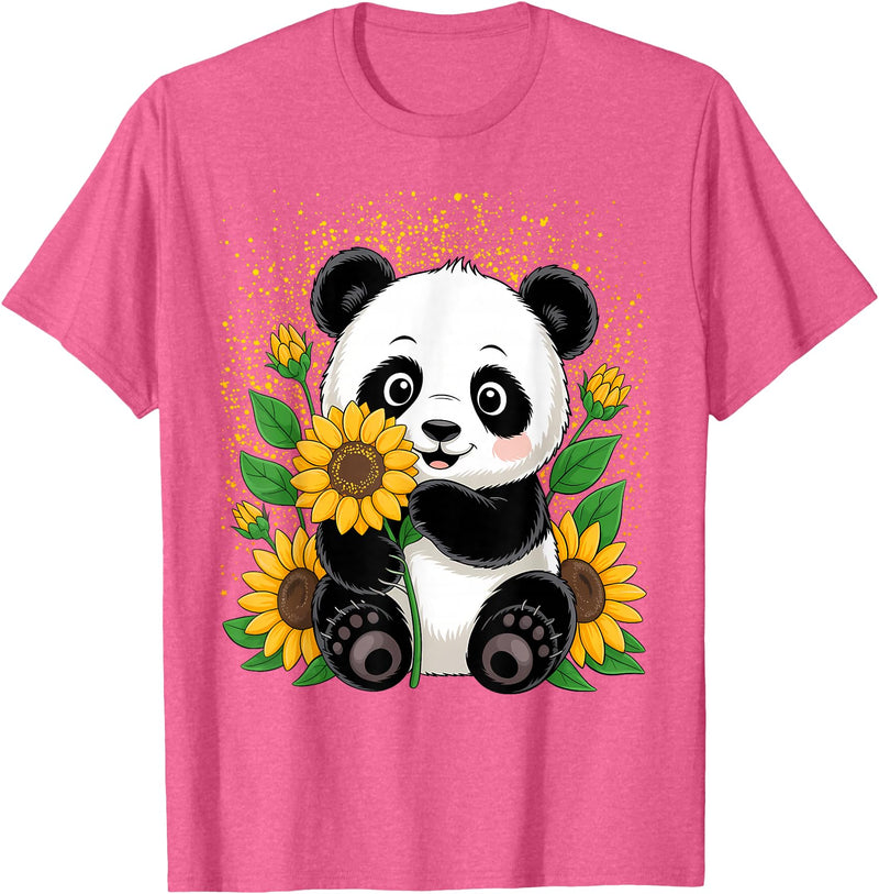 Panda Lover Gift Co. Panda Bear with Sunflowers, Panda Bear T-Shirt - Pink Heather