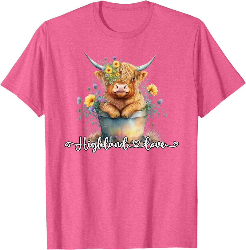 KAEDAM Gifts: Highland Cows Cute Baby Highland Cow Calf Love Spring Pastel Novelty T-Shirt - Pink Heather
