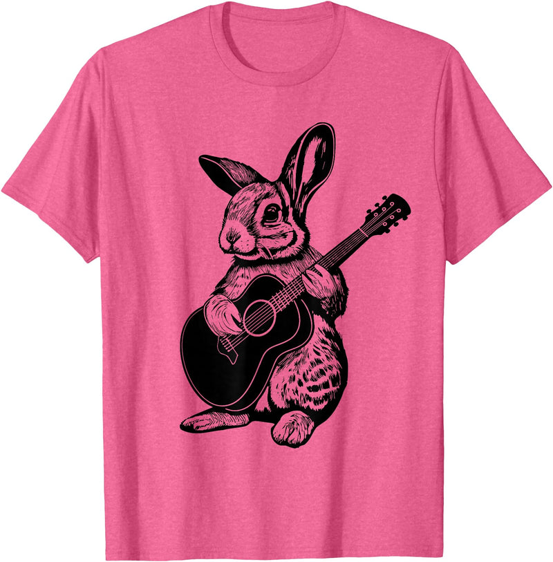 Bunny Playing Acoustic Guitar Easter Rabbit Women, Men, Kids T-Shirt in Pink Heather