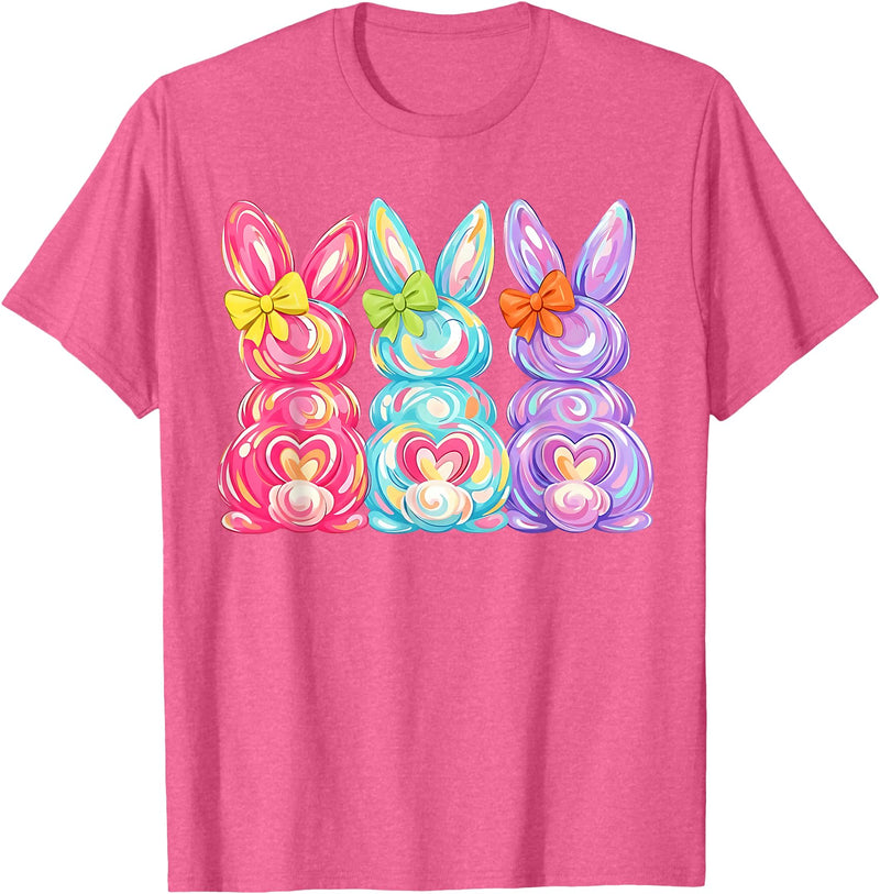 Easter Cute Bunny Coquette Bow Tie Dye Rabbit Women Girl Kid T-Shirt in Pink Heather