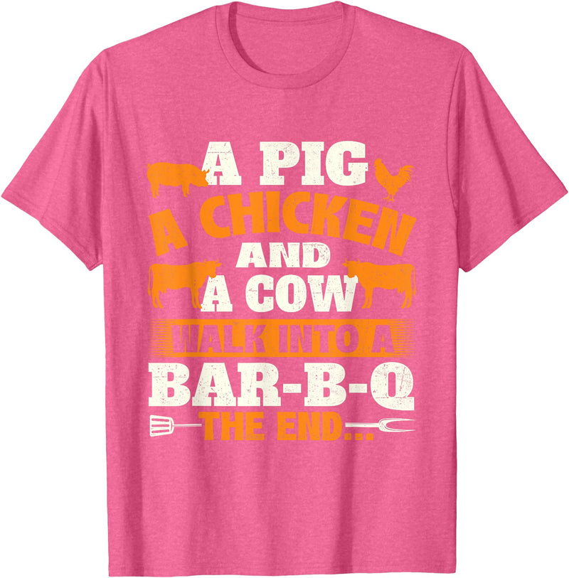 Funny BBQ Shirts A Pig A Chicken And A Cow - Grilling BBQ Lover Barbecue T-Shirt - Pink Heather